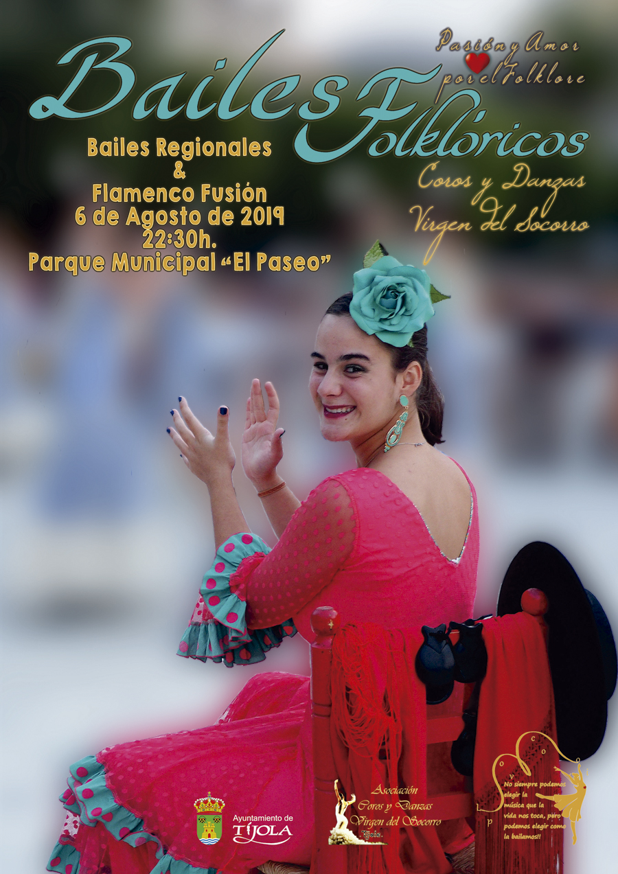 Cartel Bailes folklóricos en Tíjola. Imagen de Bailarina tocando las palmas en una silla al fondo.
