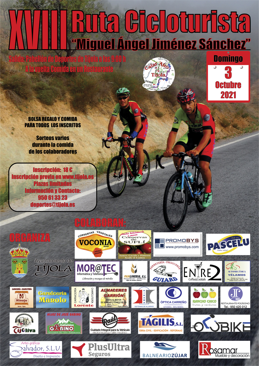 Imagen del Cartel de la XVIII Ruta Cicloturista Miguel Ángel Jiménez Sánchez. Imagen de dos ciclistas durante la ruta al fondo del cartel.