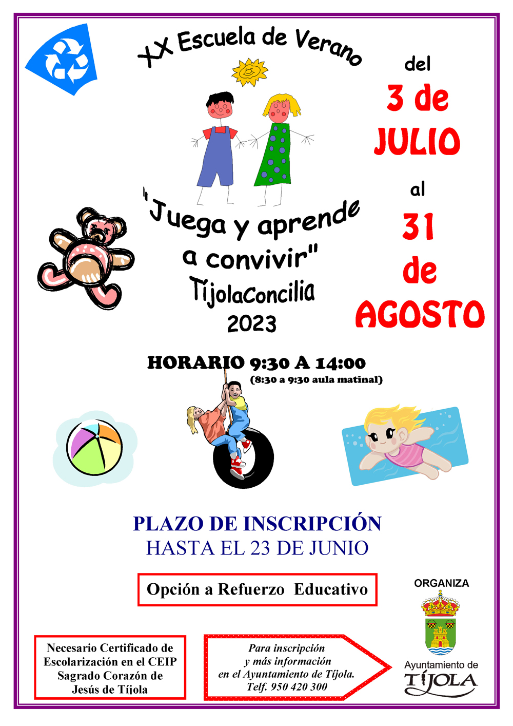 Imagen del Cartel de la Escuela de Verano 2023. Imágenes de dibujos infantiles de fondo.