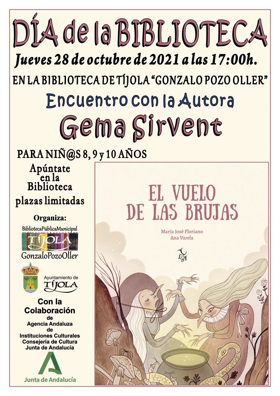 Imagen del Cartel anunciador del Día de la Biblioteca. Portada del libro El Vuelo de las Brujas, con dibujo de unas brujas cocinando.
