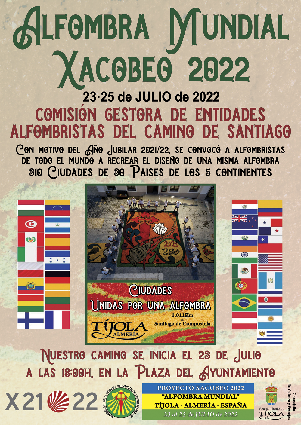 Imagen del Cartel del Proyexto XACOBEO 2021-22. Con imagen una alfombra al fondo y banderas de los países participantes.