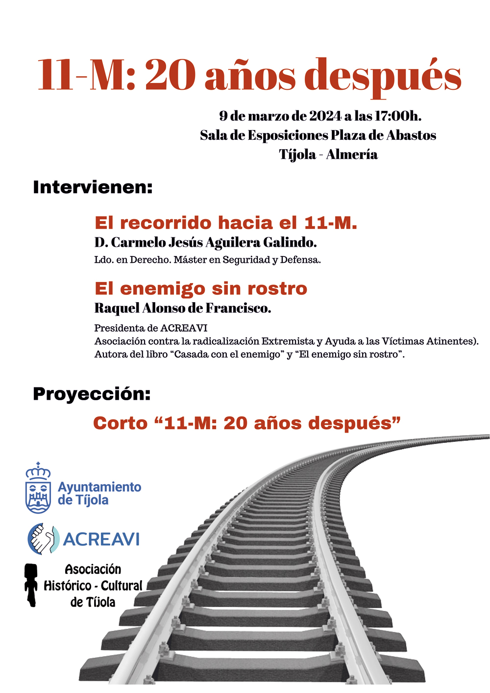 Imagen del Cartel con imagen de una vía de tren que se pierde hacia la derecha al fondo e información de la actividad.