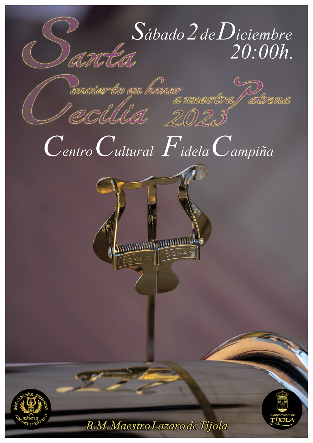 Imagen del Cartel del Concierto en honor a Santa Cecilia 2023. Con imagen de pinza de instrumento con forma de lira al fondo e información.