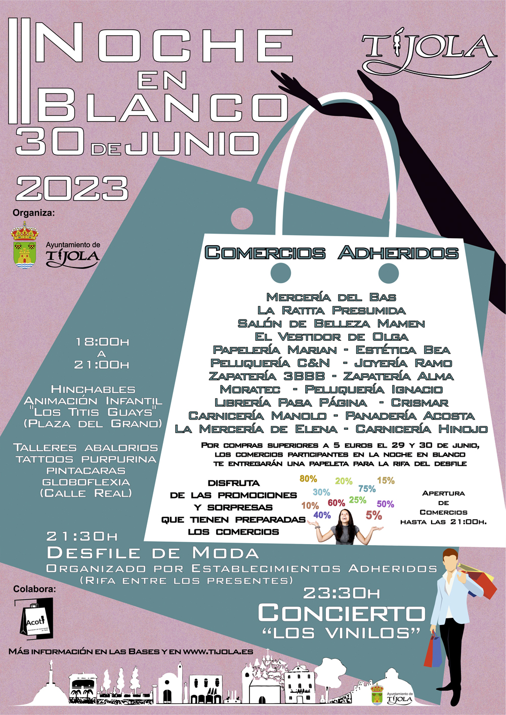 Cartel II Noche en Blanco. Imagen del Cartel con imagen de mano sujetando unas bolsas de compras e información de las actividades.