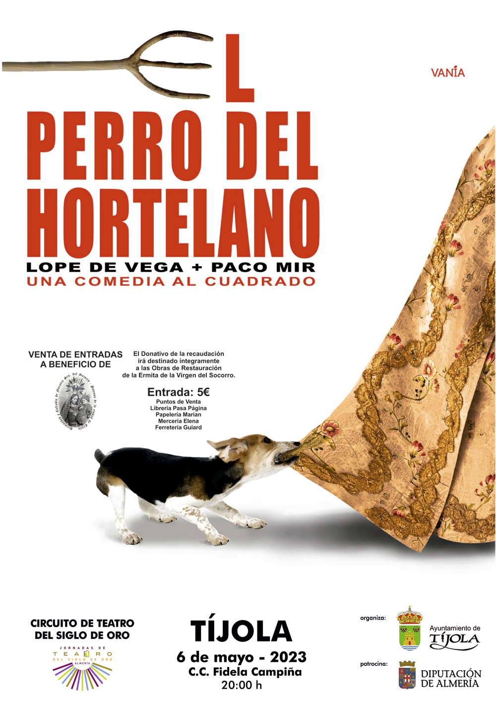 Imagen del Cartel con imagen de un perro que ha mordido un vestido y tira de el al fondo e información de la actividad.