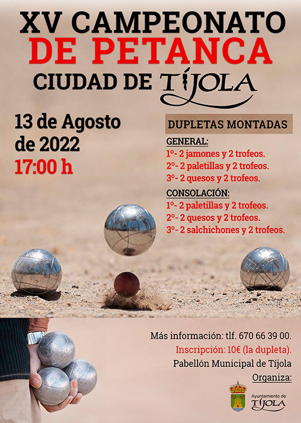 Imagen del Cartel del XV Campeonato de Petanca 2022. Imagen con bolas y boliche al fondo.