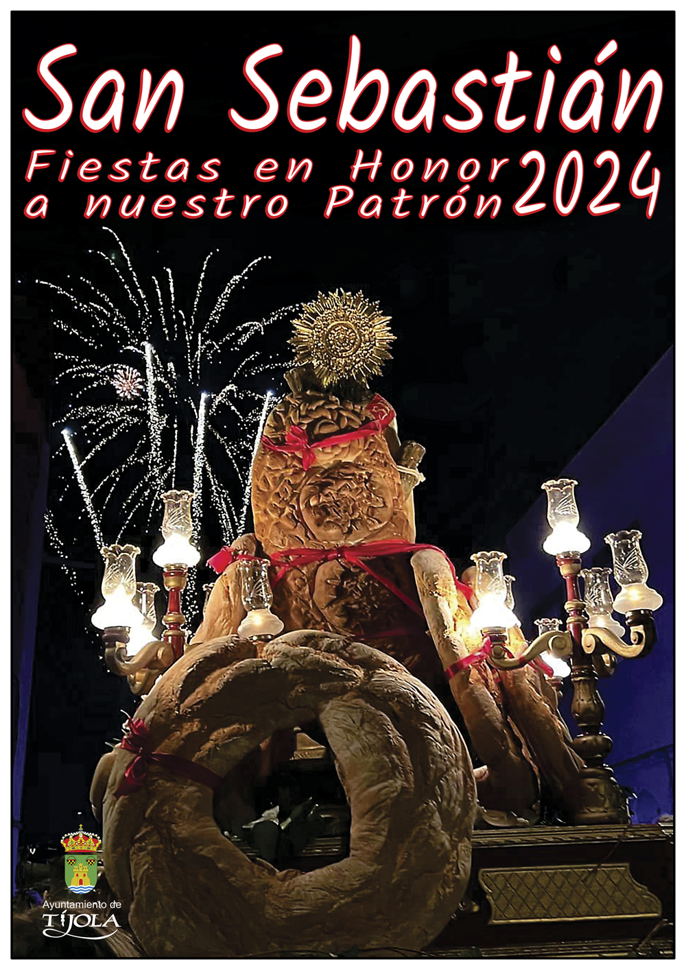 Imagen del Cartel de las Fiestas en honor a San Sebastián. Imagen de San Sebastián de espaldas con palmera de fuegos artificiales al fondo.