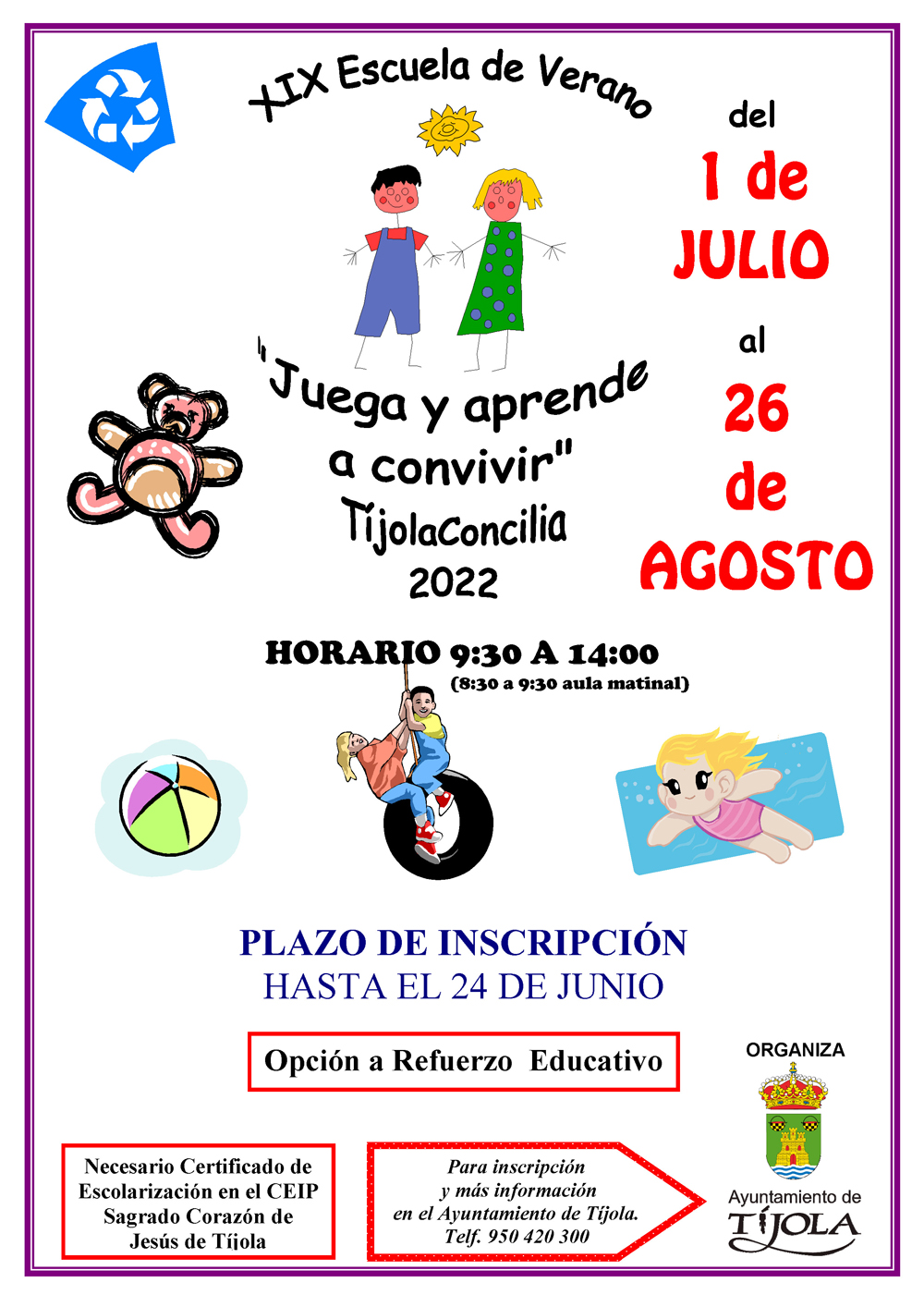 Imagen del Cartel de la Escuela de Verano 2022. Imágenes de dibujos infantiles de fondo.