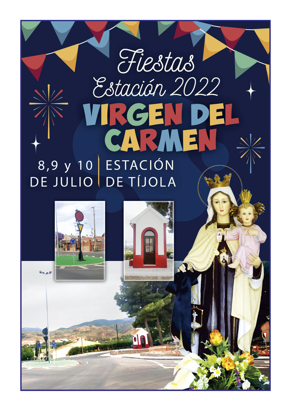 Imagen de la Portada del Libro de Fiestas de la Estación 2022. Imagen de la Virgen del Carmen al fondo.