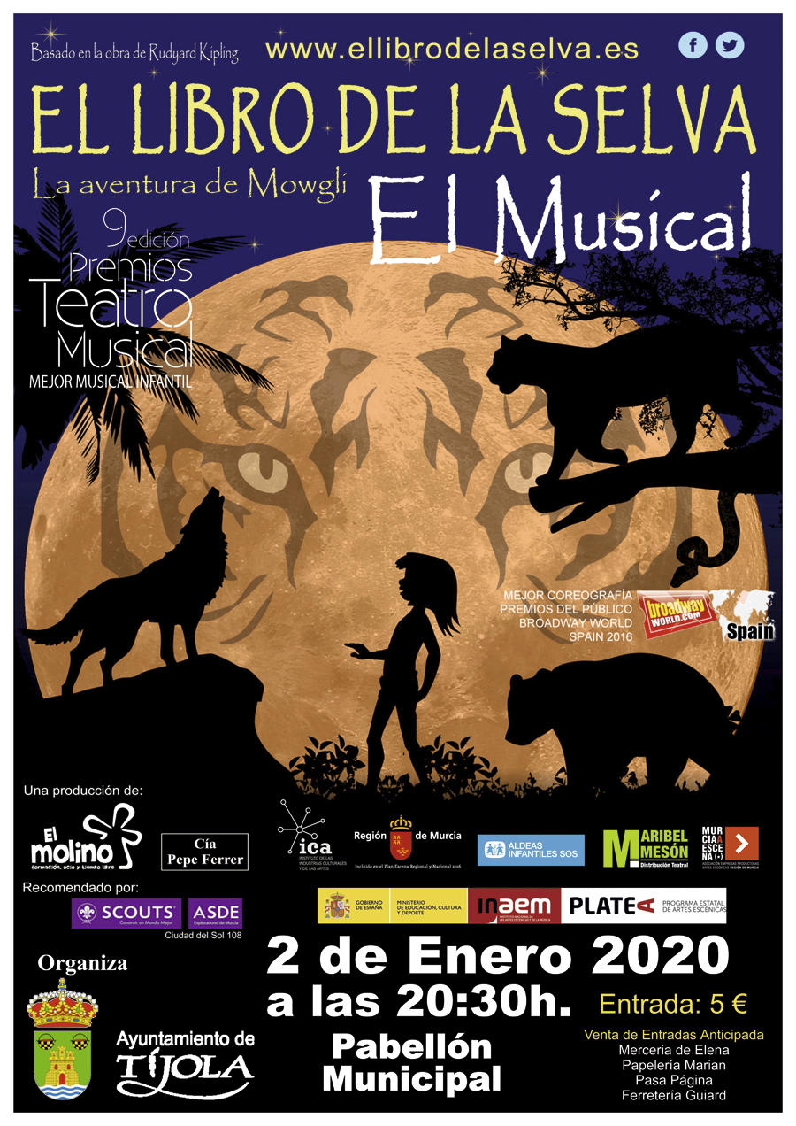Cartel Musical Infantil. Imagen del Cartel con la Selva y Mowgli al fondo.