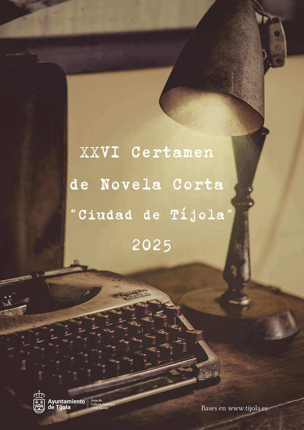 XXVI Certamen de Novela Corta. Imagen del Cartel del Certamen de Novela Corta 2025. Fondo con Imagen de lampara iluminando el texto del cartel.