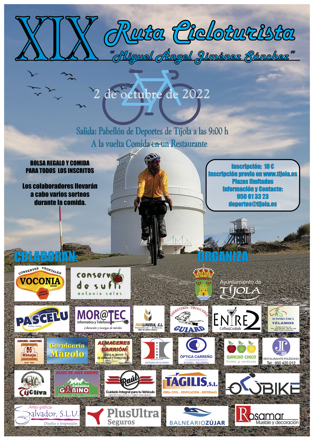 Imagen del Cartel de la XIX Ruta Cicloturista Miguel Ángel Jiménez Sánchez. Imagen de un ciclista con una cúpula de Calar Alto al fondo del cartel.