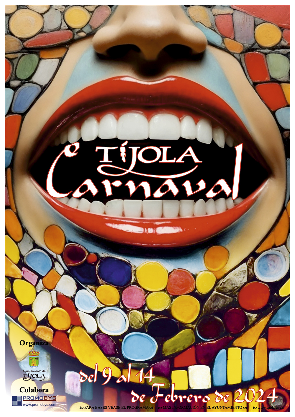 Imagen del Cartel anunciador del Carnaval 2024. Imagen de una mujer rubia maquillada de color verde, primer plano de boca abierta con la palabra Tíjola y Carnaval en ella..