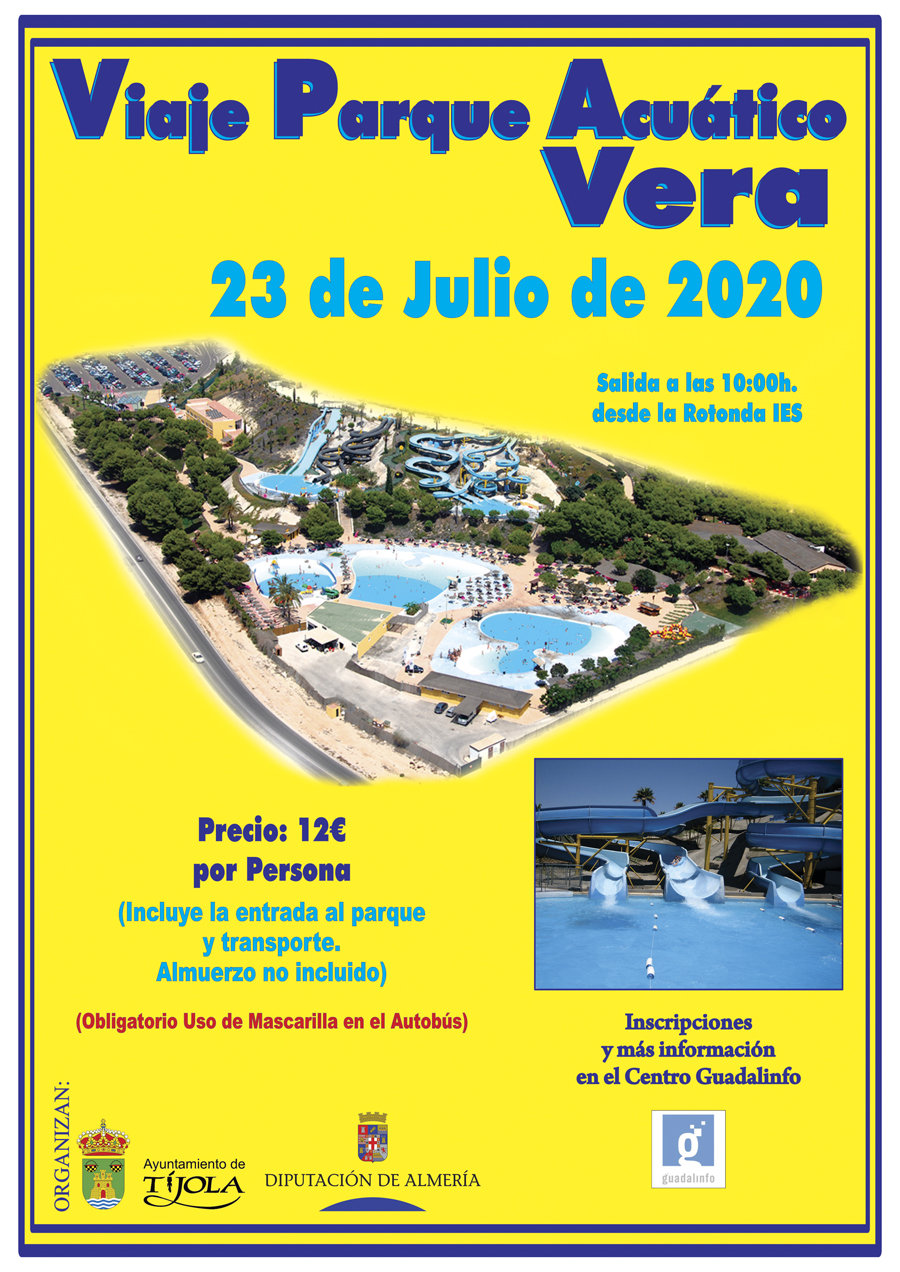 Imagen del Cartel del Viaje al Parque Acuático de Vera 2020. Imágenes al fondo del Parque Acuático.