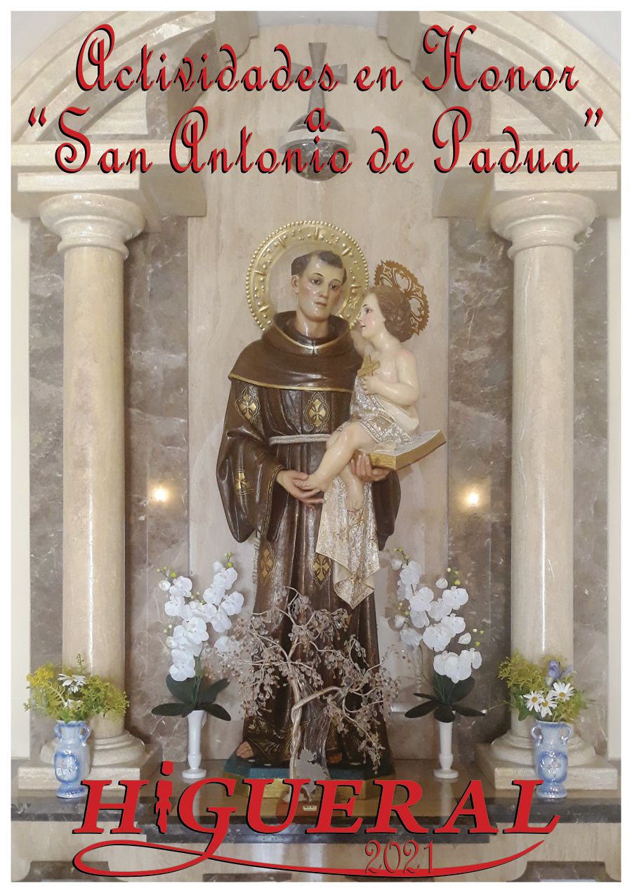 Imagen del Cartel de las Actividades en Honor a San Antonio 2021. Imagen de la iglesia y de Higueral al fondo.