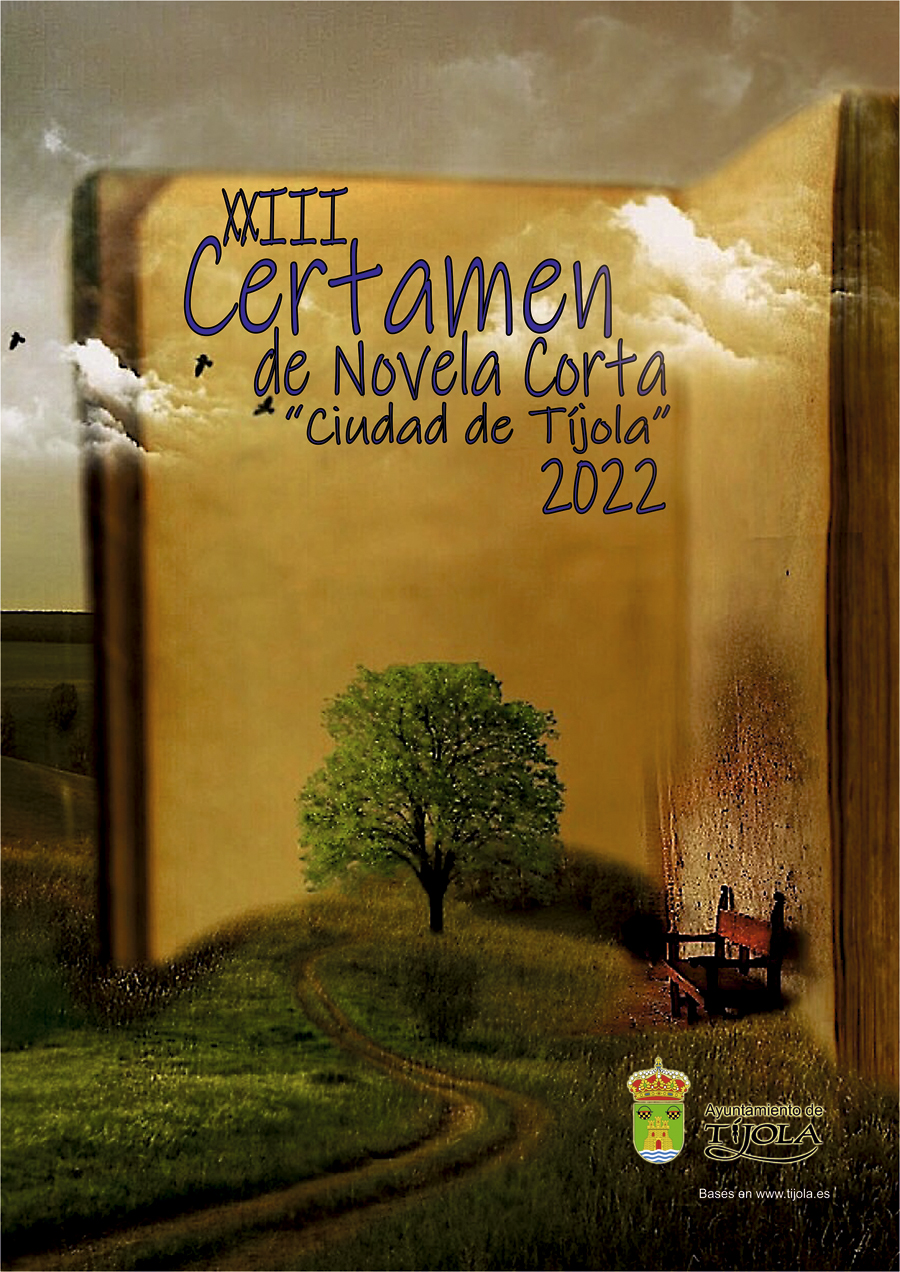 Imagen del Cartel del Certamen de Novela Corta 2022. Fondo con Imagen imaginaria de un paraje que sale de un libro.