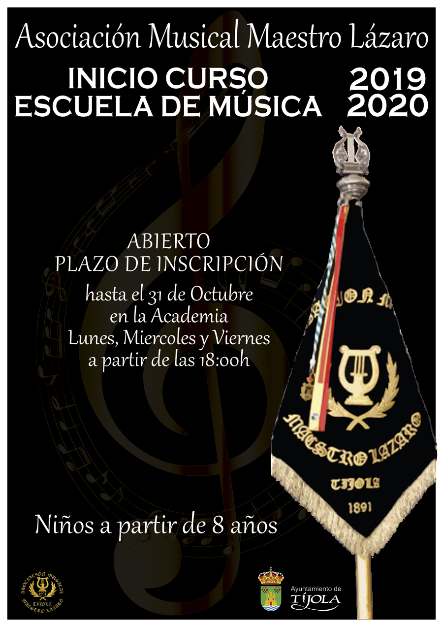 Imagen del Cartel de Inicio de la Academia para el Curso 2019 2020. Imagen del banderín de la Banda al fondo.