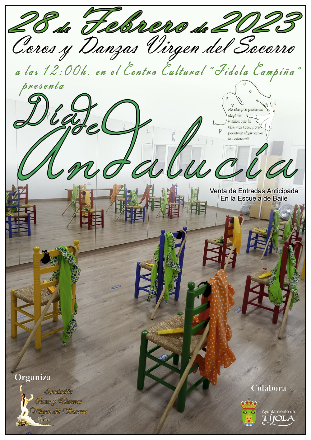 Imagen del Cartel de la Celebración del Día de Andalucía. Imagen de sillas delante de un espejo en la escuela de baile al fondo e información..