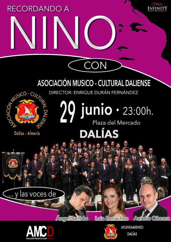 cartel recordando a nino bravo concierto de la asociacion musicocultural daliense el vierens 29 de junio de 2018 en la plaza del mercado