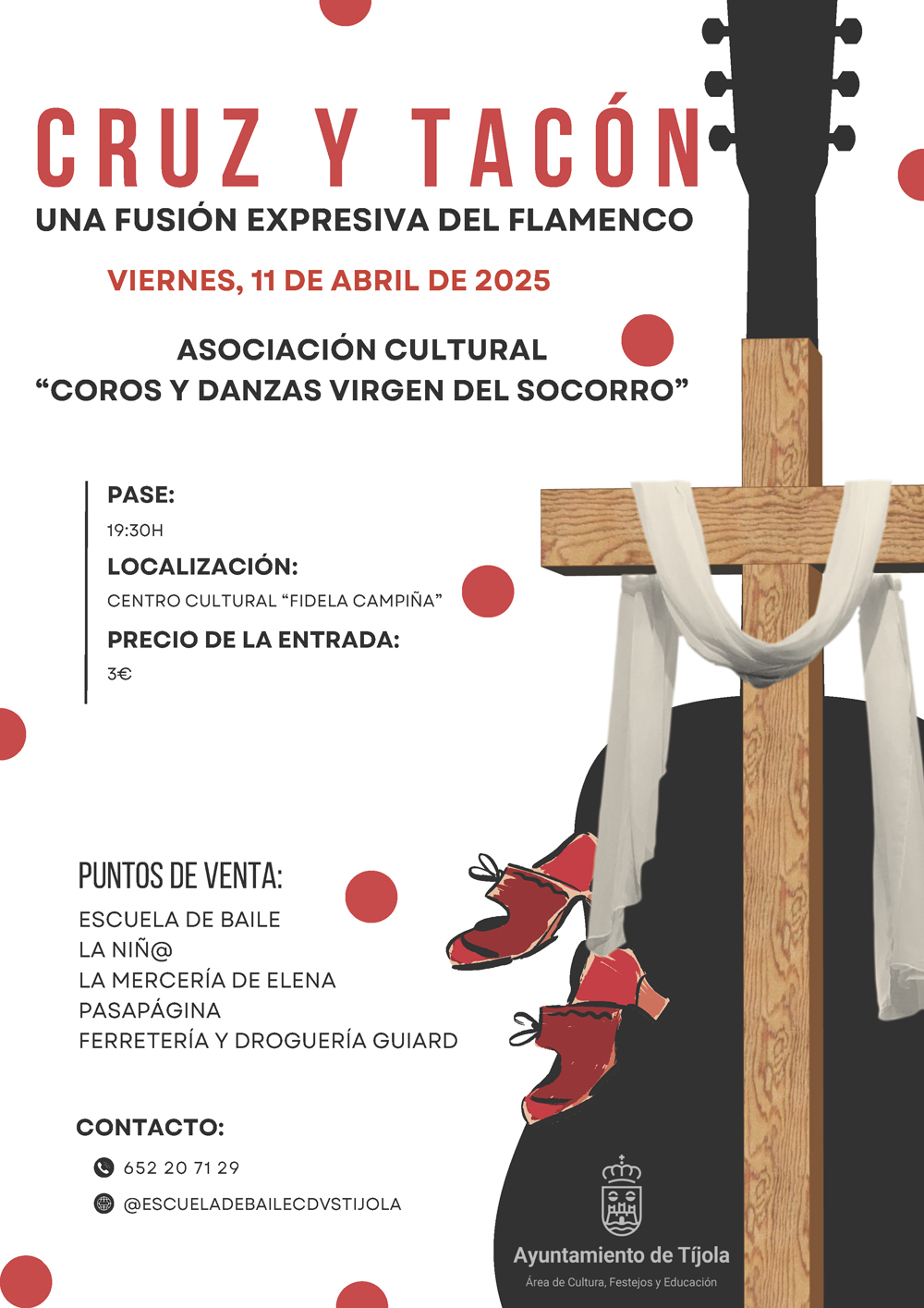 Imagen cartel Cruz y Tacón 2025 con tacones, guitarra, cruz e información al fondo.