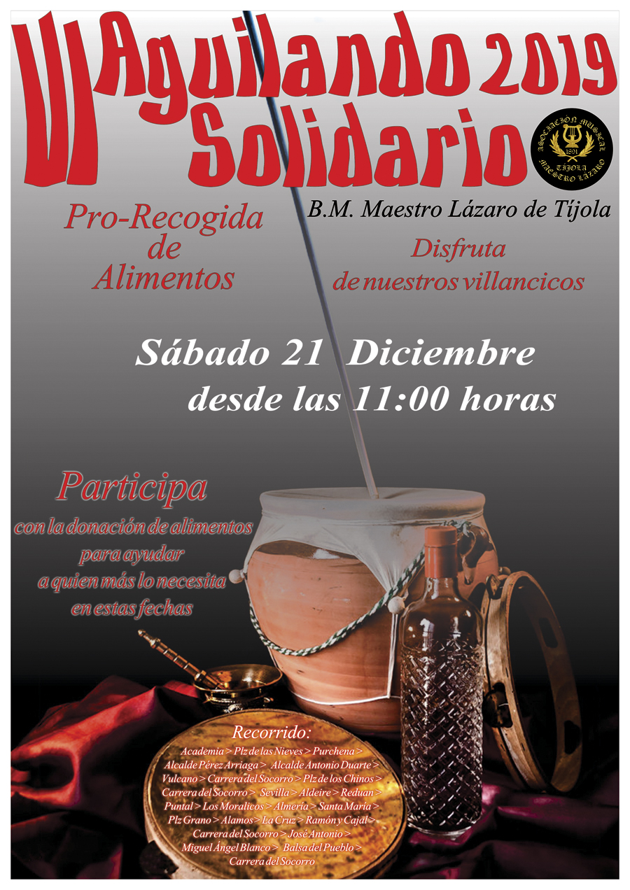 Imagen del Cartel del VI Aguilando Solidario. Con imagen de un bodegón con pandereta y zambomba al fondo.
