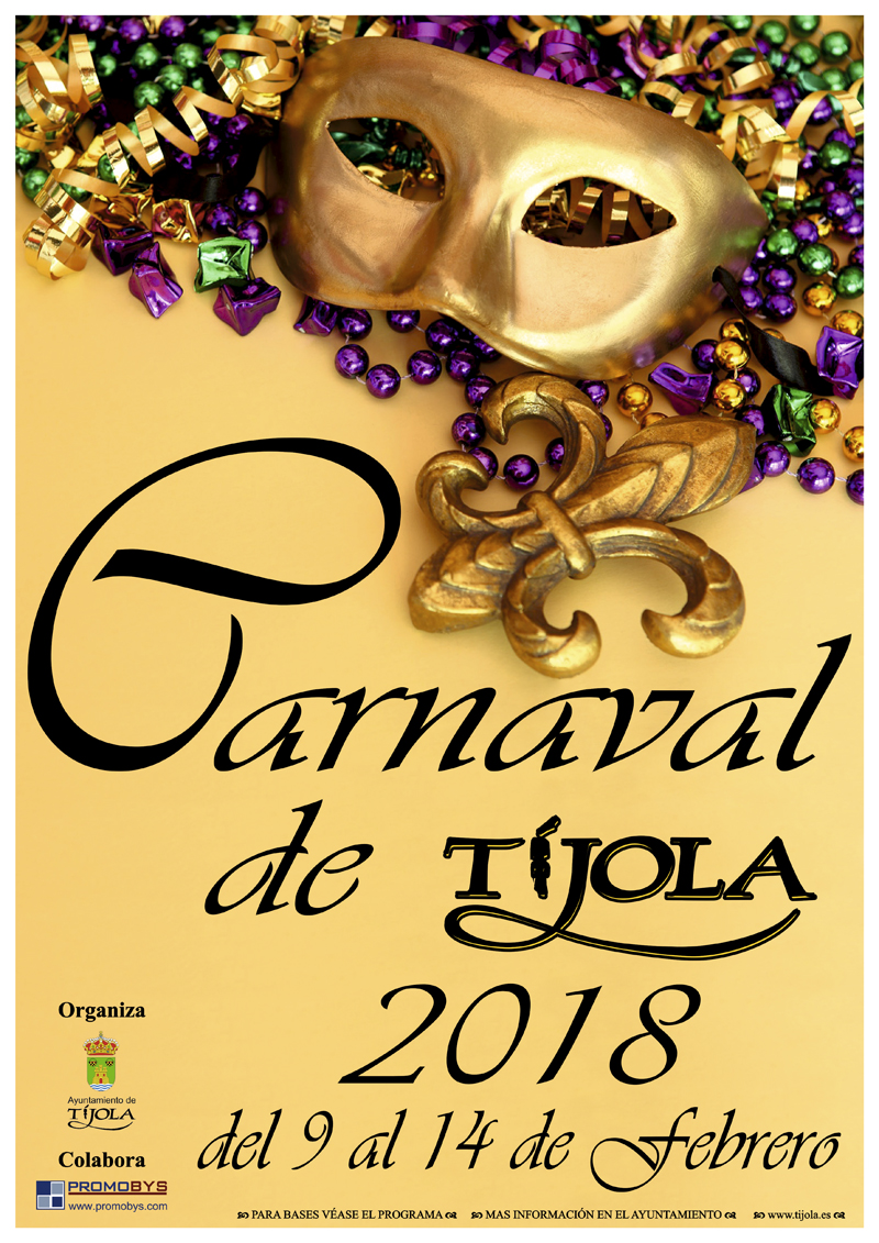 Imagen del Cartel del Carnaval 2018. Con imagen de mascara de carnaval de fondo.