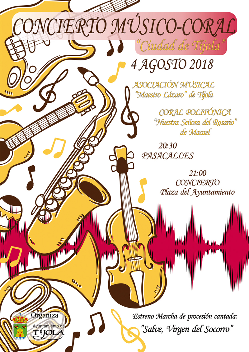 Imagen del Cartel del Concierto Músico-Coral 2018 de las Fiestas de Agosto 2018. Imagen con instrumentos musicales al fondo.