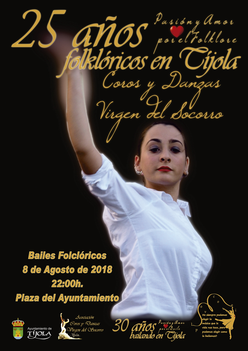 Imagen del Cartel 25 años folklóricos en Tíjola. Imagen de Bailarina con la mano en alto al fondo.