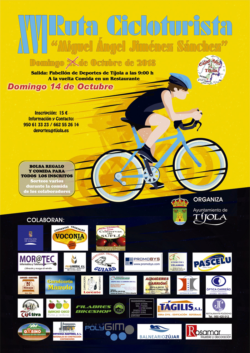 Imagen del Cartel de la XVI Ruta Cicloturista Miguel Ángel Jiménez Sánchez. Dibujo de Ciclista en una subida.
