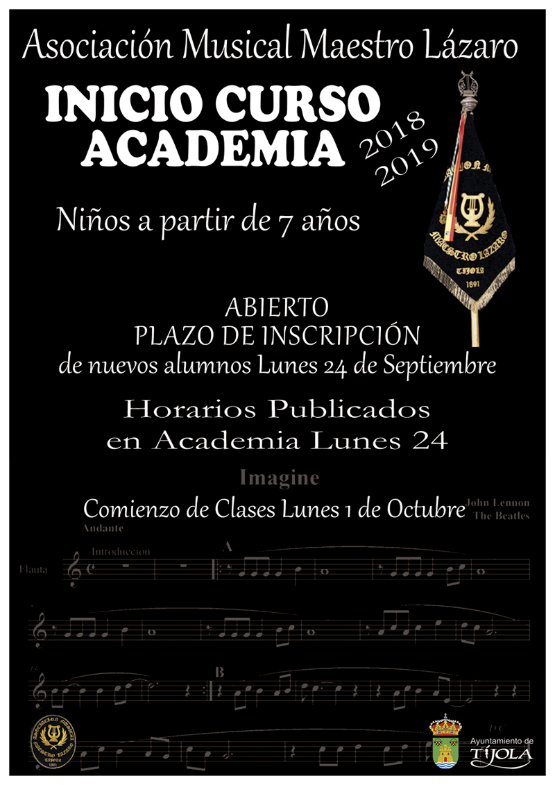 Imagen del Cartel de Inicio de la Academia para el Curso 2018 2019. Imagen del banderín de la Banda al fondo.