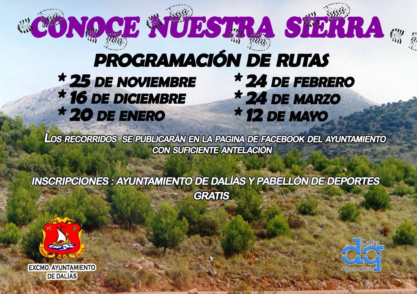 cartel de las rutas de senderismo conoce nuestra sierra en dalias programadas desde noviembre de 2018 hasta mayo de 2019