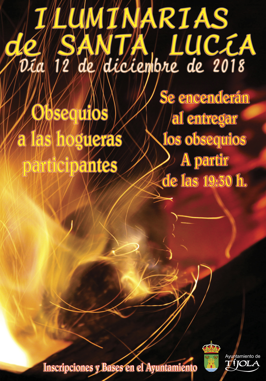 Imagen del Cartel de las iluminarias de Santa Lucía 2018. Imagen de hoguera al fondo.