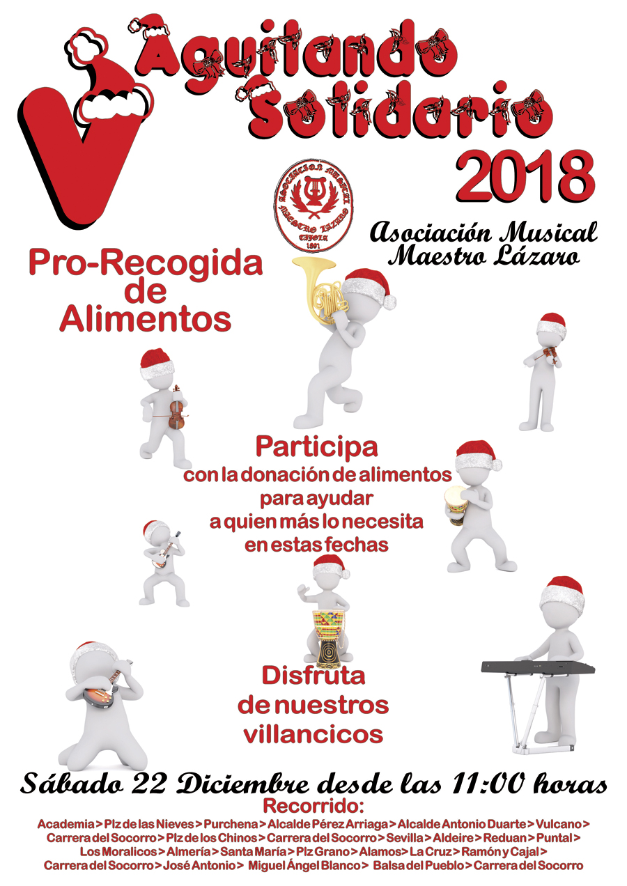 Imagen del Cartel del V Aguilando Solidario. Con imágenes al fondo de muñecos simbólicos tocando diversos instrumentos musicales.