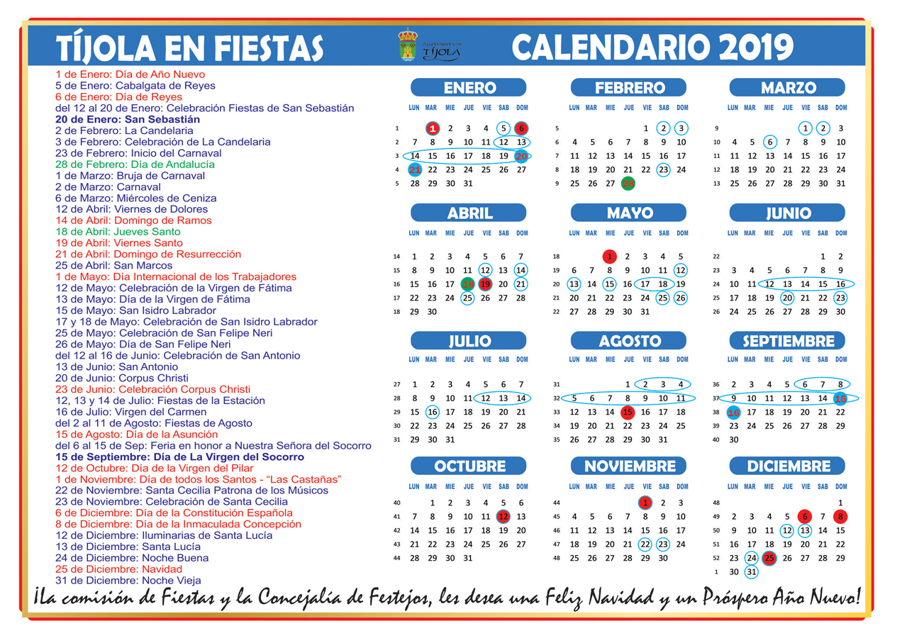 Postal de Navidad 2018. Parte Trasera. Calendario 2019 de Fiestas.