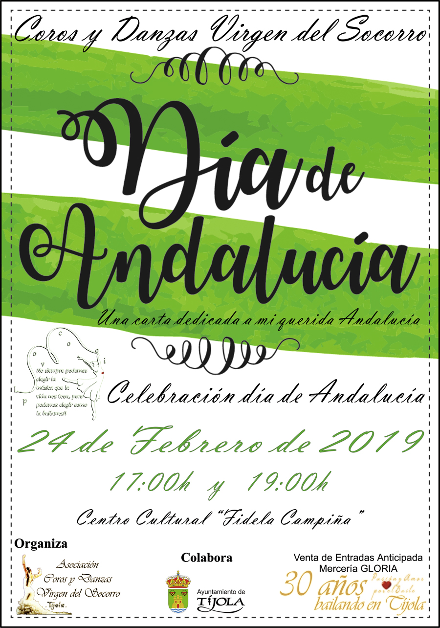 Imagen del Cartel de la Celebración del Día de Andalucía. Imagen de Bandera de Andalucía al fondo.