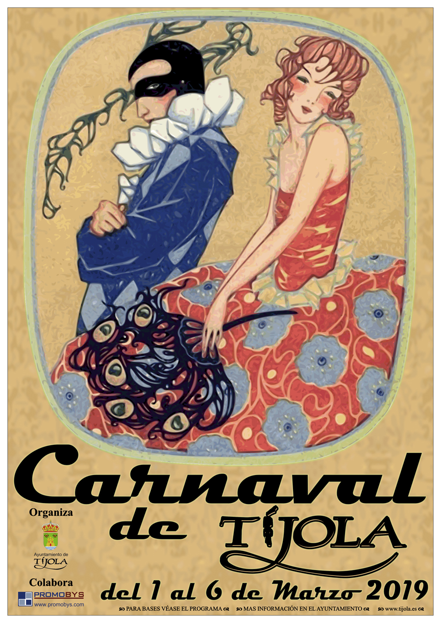 Imagen del Cartel anunciador del Carnaval 2019. Dibujo de una pareja vestida de carnaval al fondo.