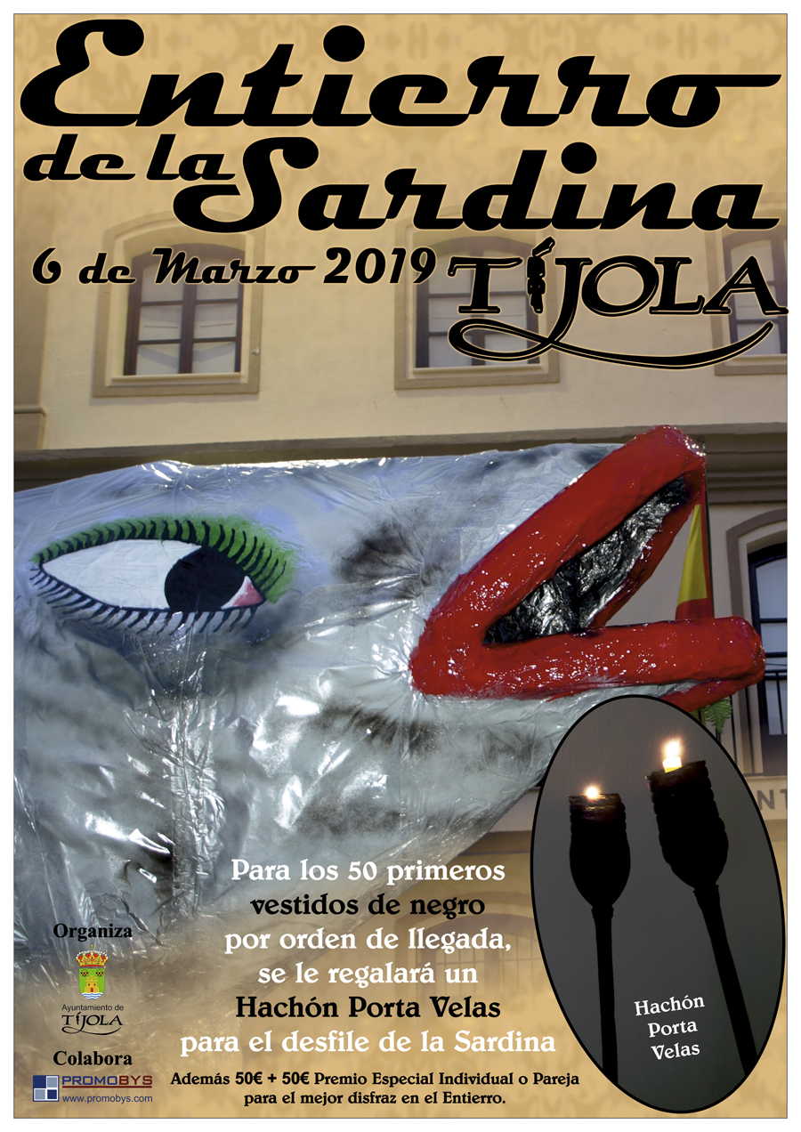 Imagen del Cartel del Entierro de la Sardina. Imágenes al fondo de la Sardina y Hachones porta velas. 
