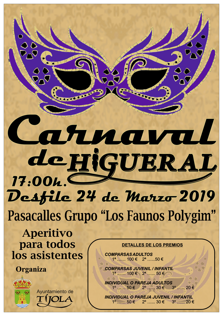 Imagen del Cartel anunciador del Carnaval de Higueral 2019. Dibujo de un antifaz de carnaval al fondo.