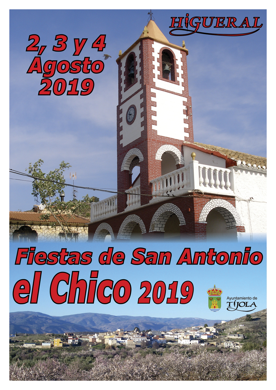 Imagen del Cartel de las Fiestas de San Antonio El Chico 2019. Imagen de la iglesia y de Higueral al fondo.