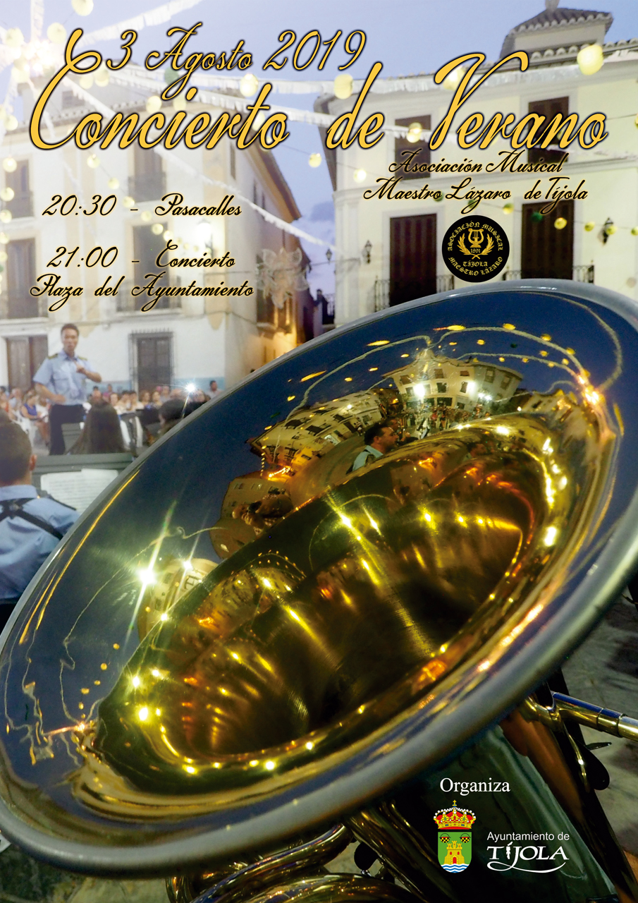 Imagen del Cartel del Concierto de las Fiestas de Agosto 2019. Imagen con Tuba y Maestro de Música al fondo.