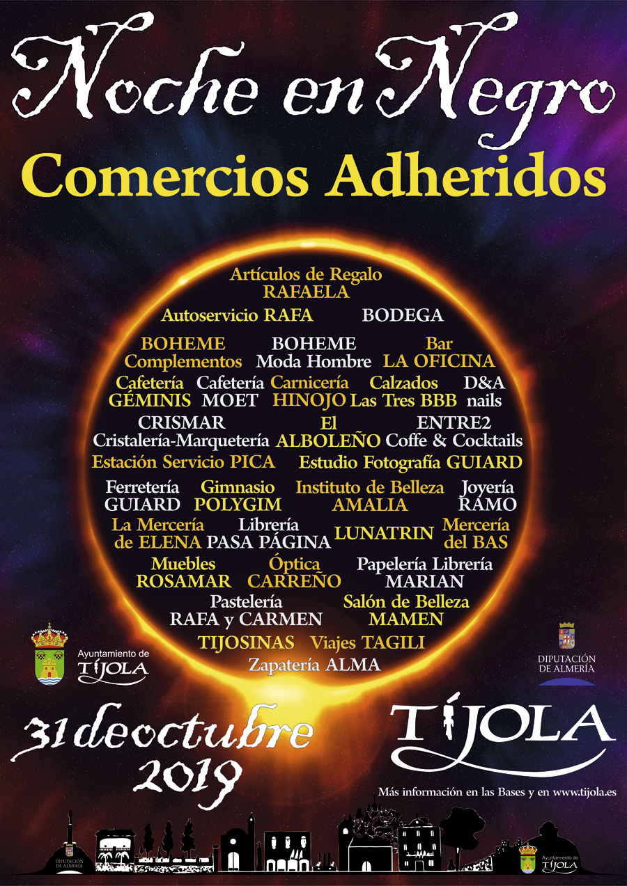 Imagen del Cartel de los Comercios Adheridos a la Noche en Negro en Tíjola 2019. Imagen de Eclipse al fondo.