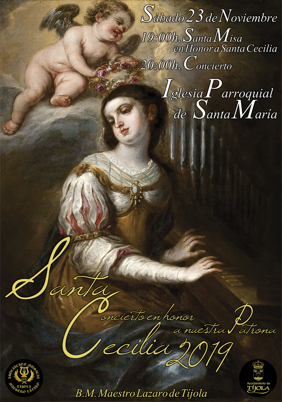 Imagen del Cartel del Concierto en honor a Santa Cecilia 2019. Con imagen de Santa Cecilia al fondo.