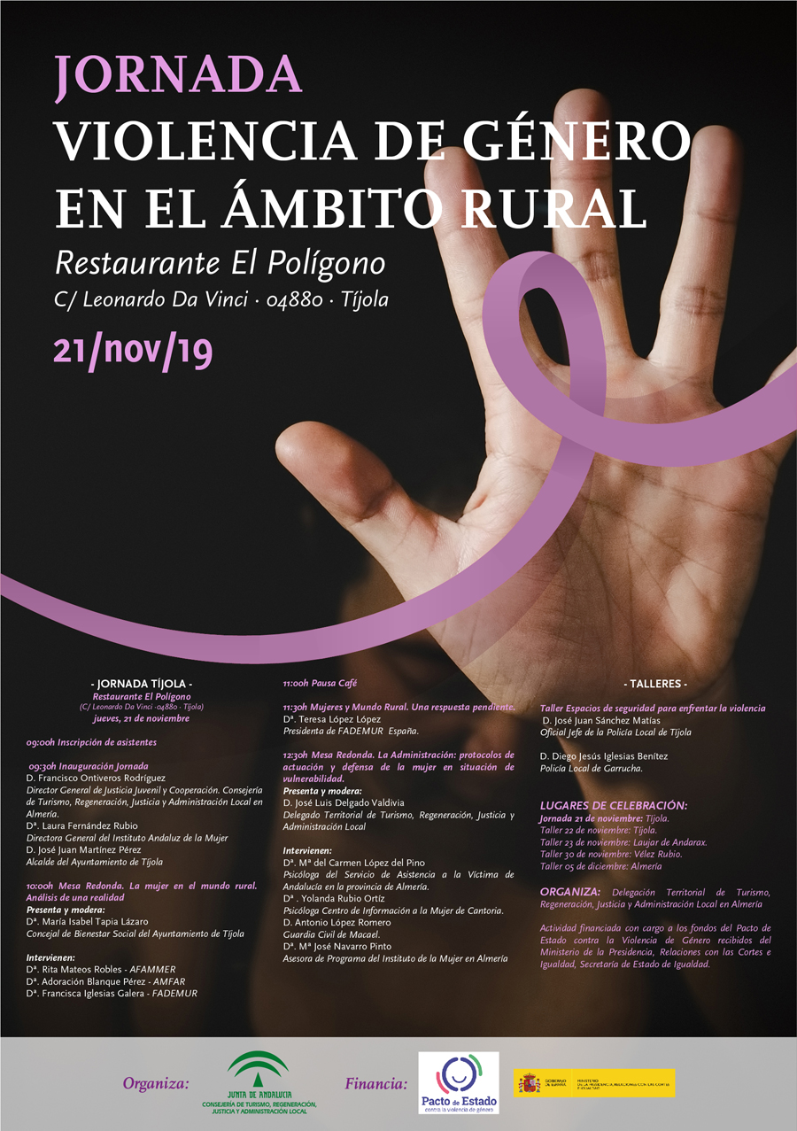 Imagen del Cartel de la Jornada Violencia de Género en el Ámbito Rural. Imagen de Mano Abierta con lazo violeta al fondo.