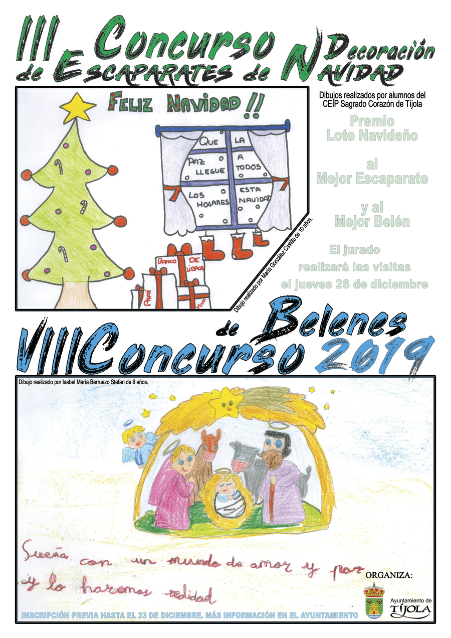 Imagen del VIII Concurso de Belenes 2019. Con dibujos realizados por alumnos del CEIP Sagrado Corazón de Tíjola con un Nacimiento de Belén y Árbol de Navidad.