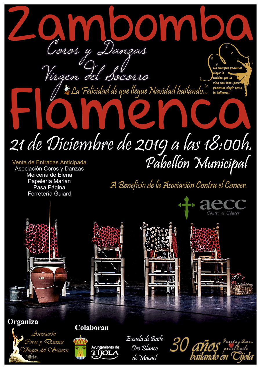 Imagen del Cartel. Imagen con Sillas en Tablao Flamenco con adornos de Navidad al fondo.