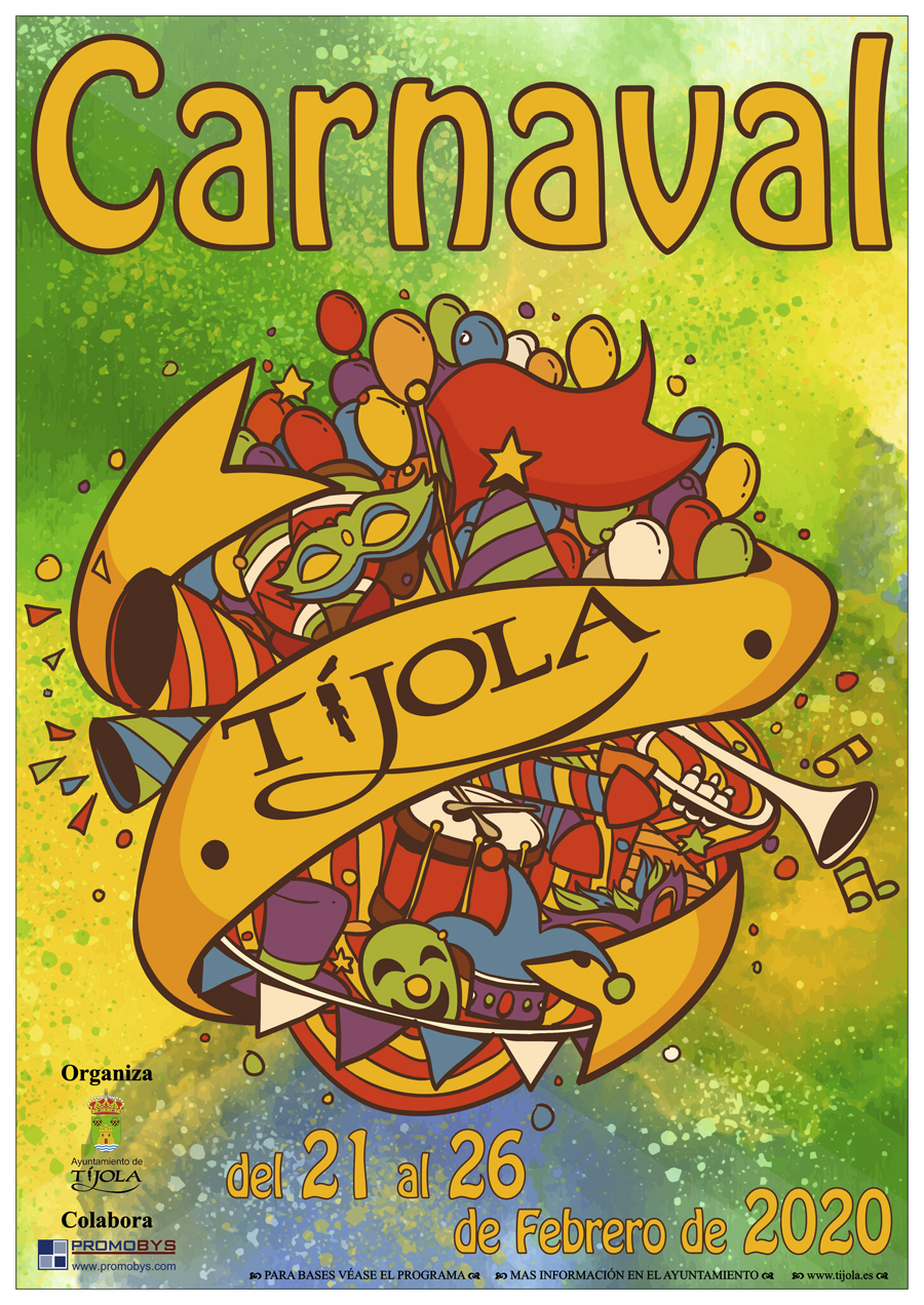 Imagen del Cartel anunciador del Carnaval 2020. Dibujo de un batiburrillo de cosas u objetos del carnaval al fondo.