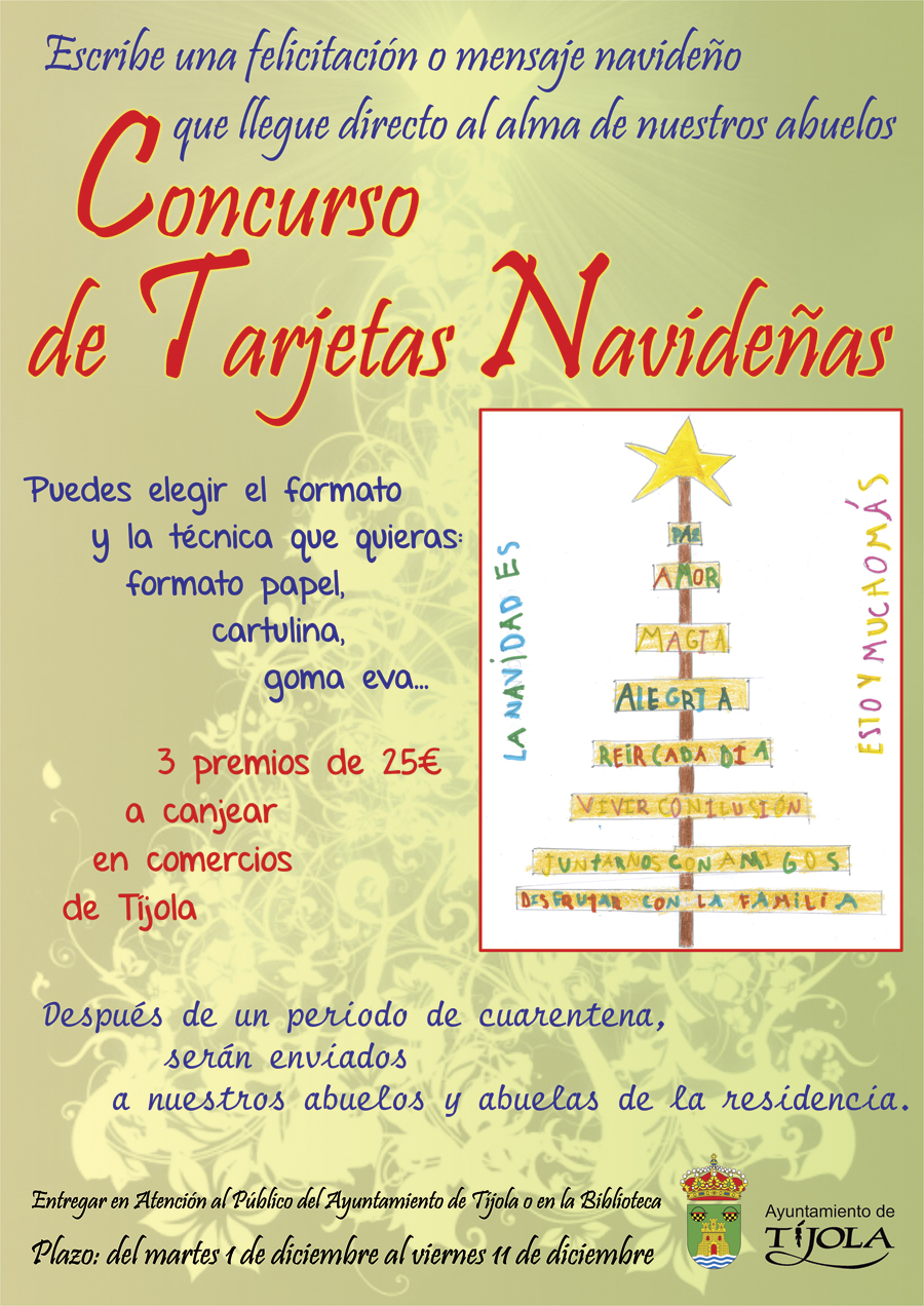 Imagen del Concurso de Tarjetas Navideñas 2020. Con dibujos realizados por alumnos del CEIP Sagrado Corazón de Tíjola con Árbol de Navidad.