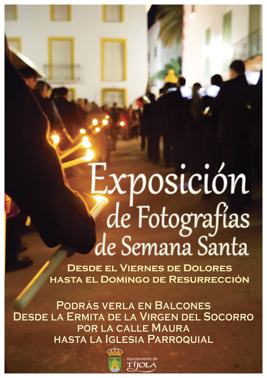 Cartel de la Exposición de Fotografías de Semana Santa. Imagen de una fila de velas en el Viernes Santo en Tíjola al fondo.