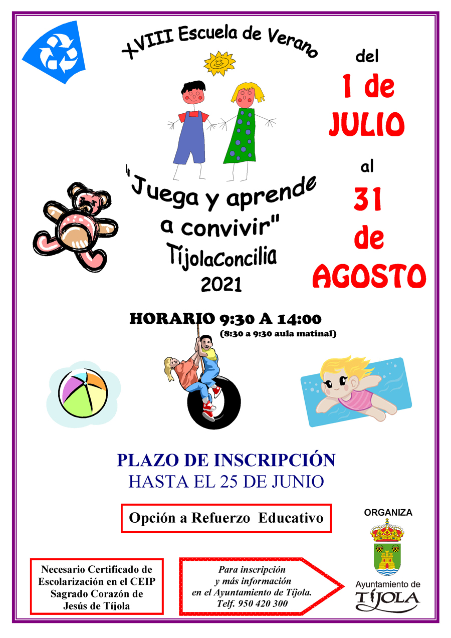 Imagen del Cartel de la Escuela de Verano 2021. Imágenes de dibujos infantiles de fondo.