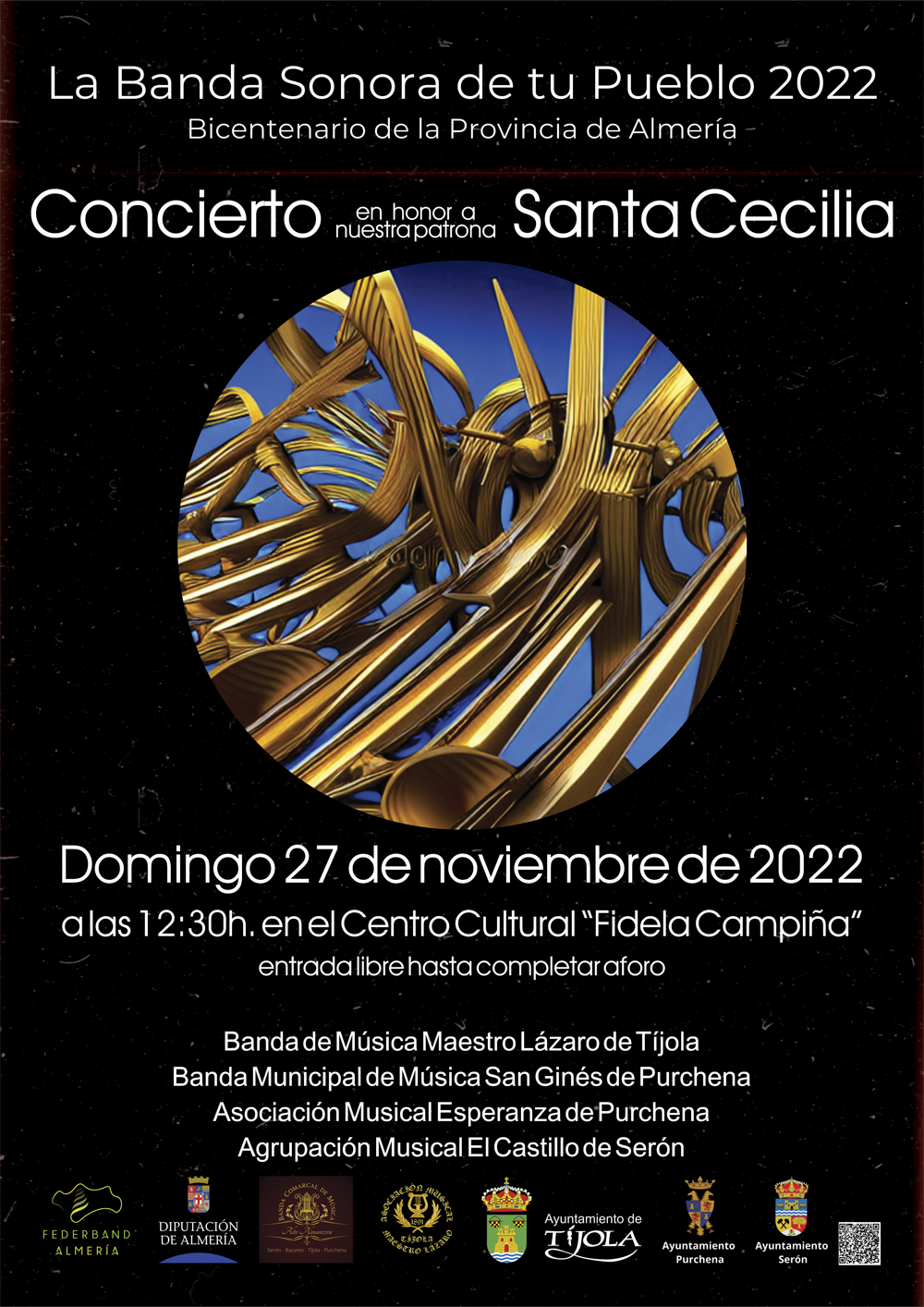 Imagen del Cartel del Concierto en honor a Santa Cecilia 2022. Con imagen abstracta de La Banda Sonora de tu Pueblo al fondo.